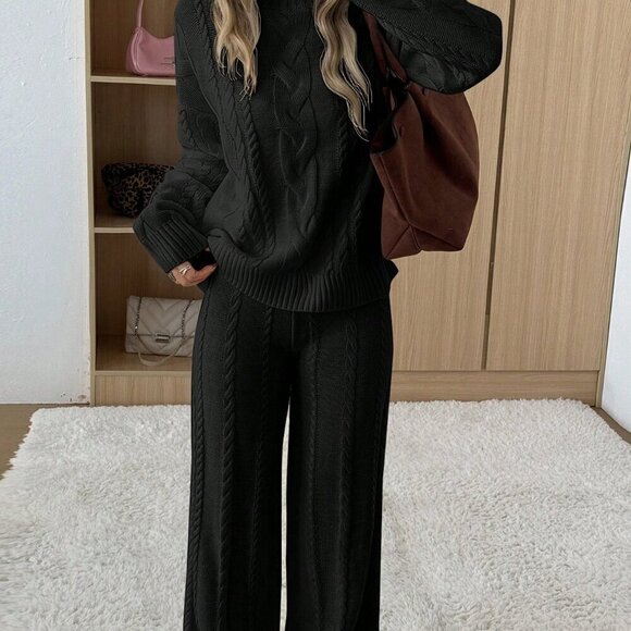 Black Casual Women's Round Neck Long Sleeve Top And Pants Set - Picture 4 of 4